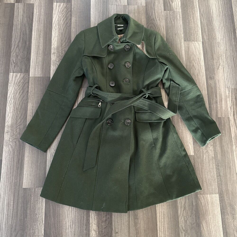 DKNY‎ Pea Coat Womens Size 4 Green Belted Heavy Jacket Lined Peacoat